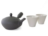 Japanisches Teeservice Teppachu Kurokusube, 3-teilig, Banko Yaki